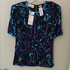 Laurence Kazar Black and Teal Beaded Sequin Blouse